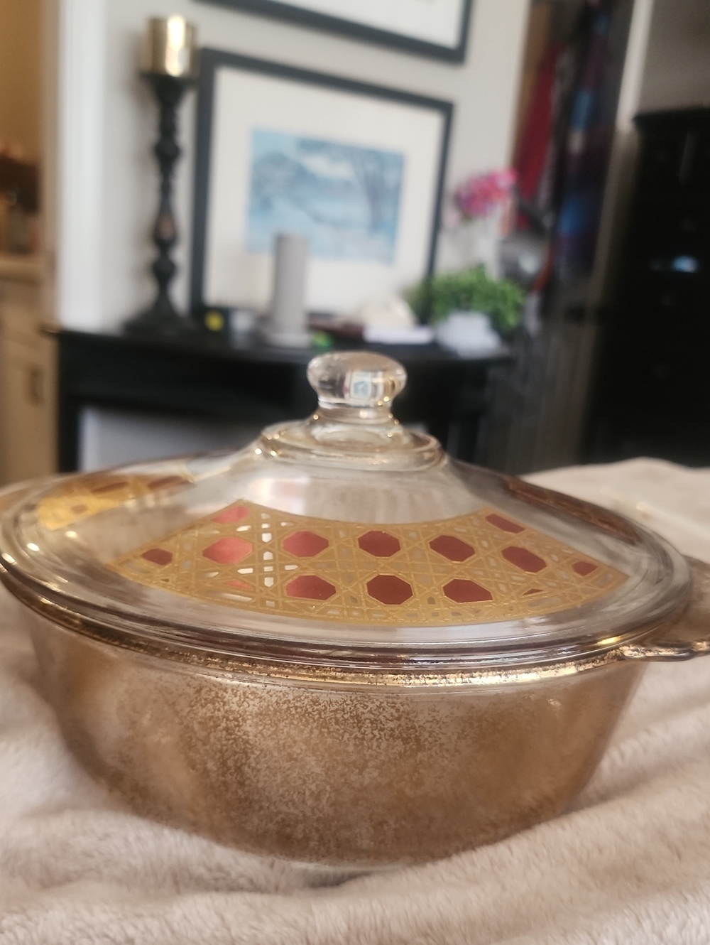 VTG Anchor Hocking Gold and Red Glass Covered Casserole Dish